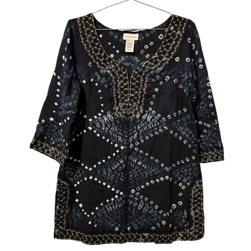Soft Surroundings Navy Metallic Batik Print Tunic Top, cotton, metal accent, M
